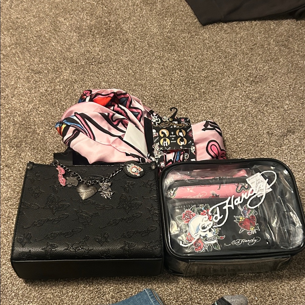 New Ed Hardy Black Women's Bag with scarf, and a bathroom bag set.